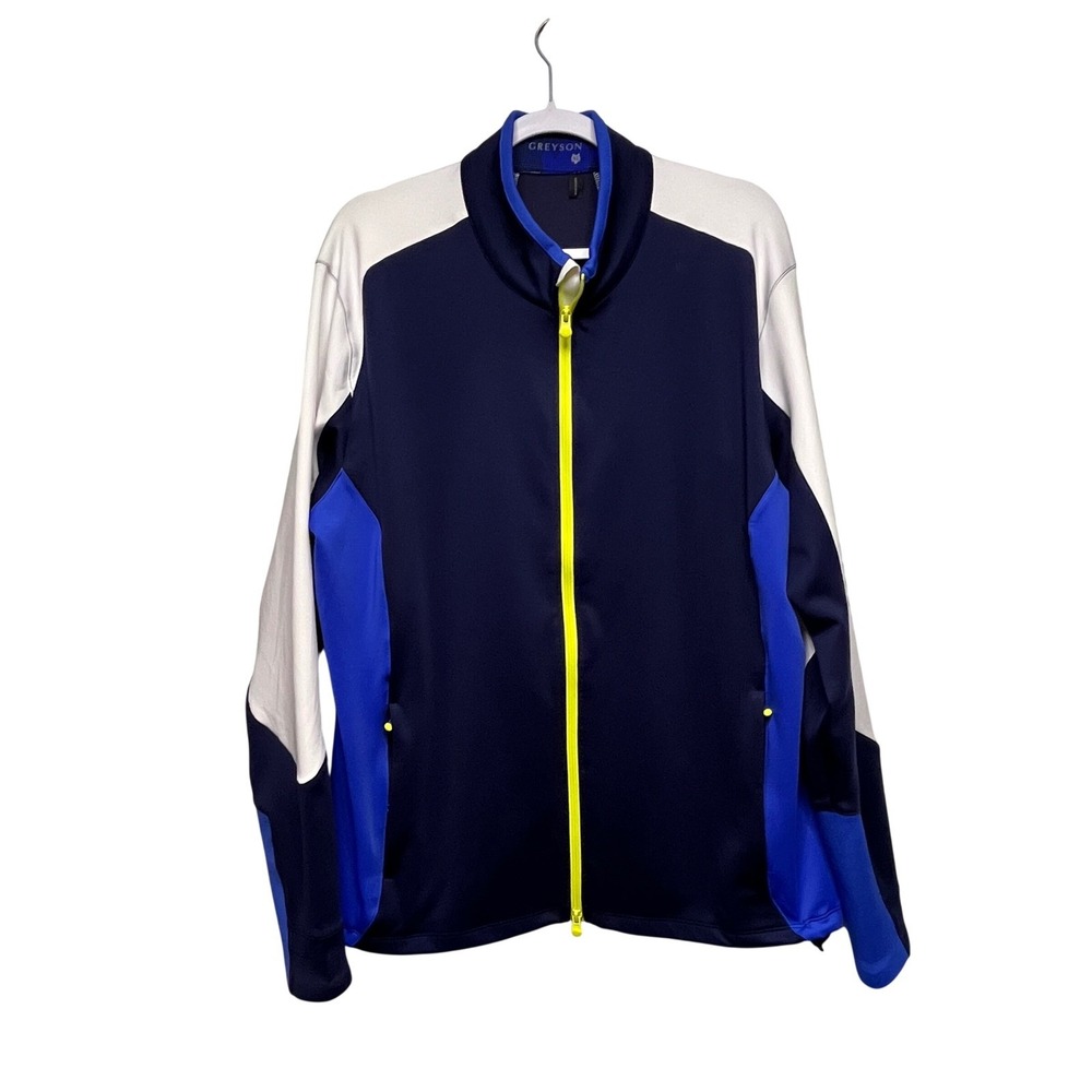 Greyson Mens XL Full Zip Colorblock Performance Jacket Navy Blue White Neon Zip